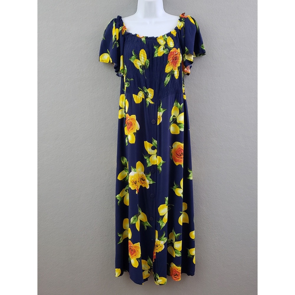 Always Indigo‎ Womens 2X Maxi Dress Navy Blue Lemon Floral Smocked Vacay Flowy